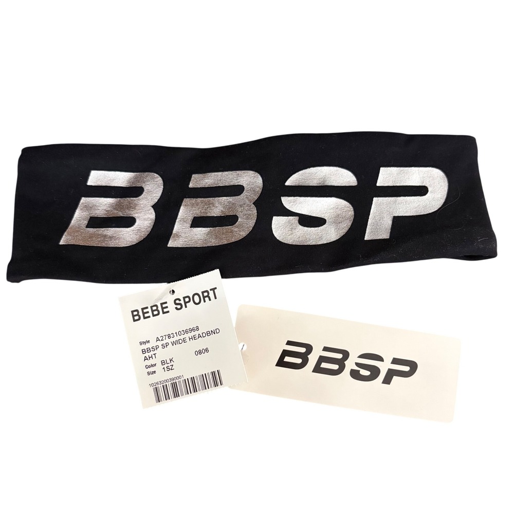 NEW Bebe Sport BBSP Wide Headband Y2K Black Silver Metallic Logo McBling It Girl